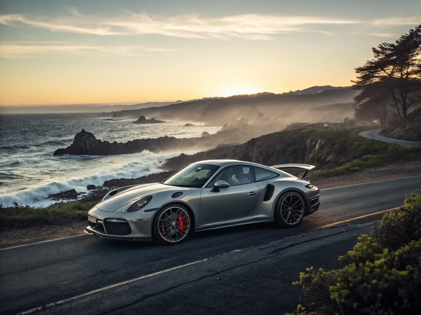 Porsche 911 Turbo S parked on a coastal road.